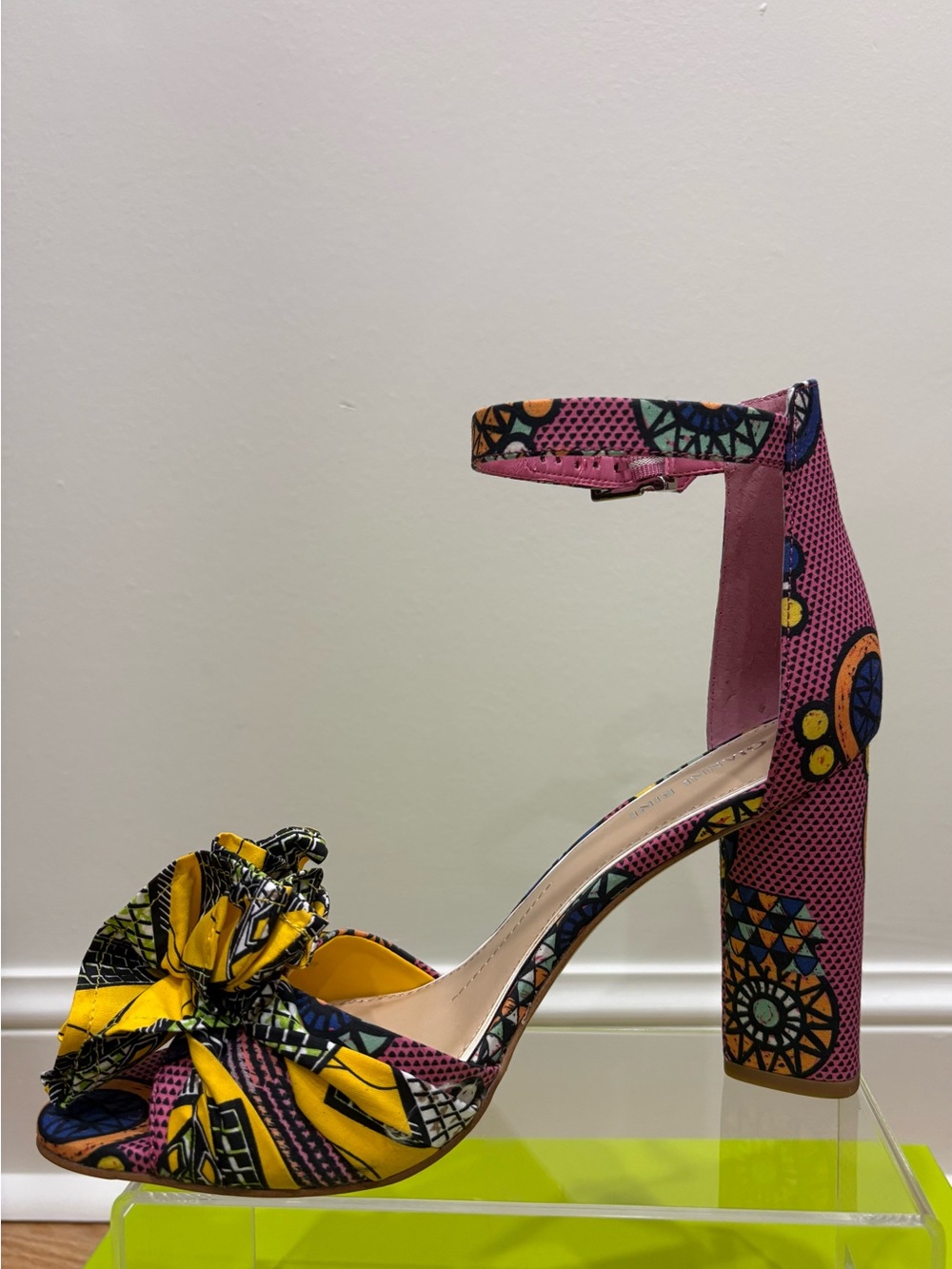 Gianni Bini Pink and Yellow Patterned Ankle-Strap Block Heels